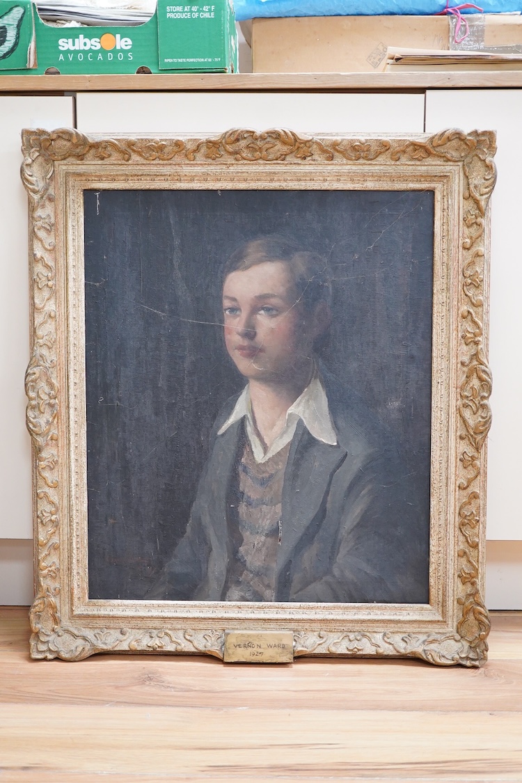 Attributed to Vernon Ward (1905-1985), Half length portrait of a seated young boy, bears signature and date 1927, oil on canvas, 59 x 49cm, applied plaque to the frame
